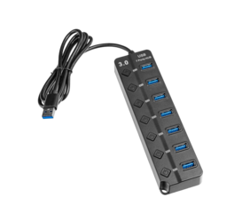 A USB 3.0 7-port hub with power buttons on a white background supports high-speed data. Its efficient design enhances tech device performance.