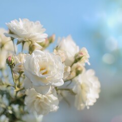 bouquet. Dreamy white rose bouquet softly focused against a blue sky, evoking serenity and natural beauty. gardening catalogs, home-decor guides, designed for home decor and floral branding.