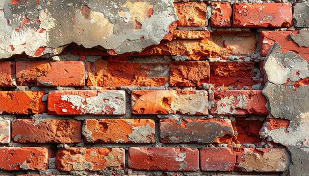 Close Up of a Textured Brick Wall with Weathered Plaster and Red Bricks - Powered by Adobe