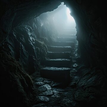 A dimly lit stone staircase descends into a dark, damp cave, leading towards a bright, ethereal exit.  The rough-hewn rock walls are partially covered in moss