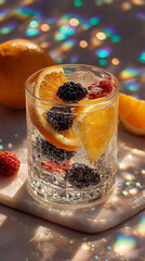 Glass Jar Filled With Fresh Citrus Slices And Berries: Refreshing Beverage Concept With Lemon, Orange, Blueberry And Blackberry In Sparkling Water