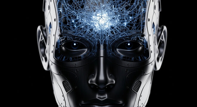 Close-up of a futuristic robot head with glowing blue neural network connections visible inside its transparent skull, symbolizing artificial intelligence.