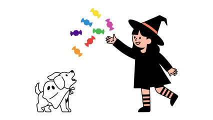 Whimsical Witch and her Ghostly Pup: A child in a witch costume playfully throws colorful candies at her dog dressed as a ghost, against a background creating a sweet, festive scene.