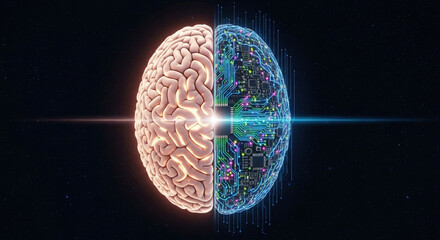 A split image of a human brain, one half organic and the other half digital, symbolizing the intersection of biology and technology.