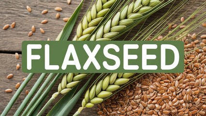 Flaxseed cereal design with wheat ears and healthy grains