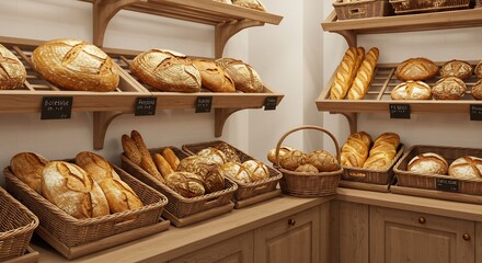 Panes artesanales recién horneados en estantes de madera crean una estética de panadería tradicional y acogedora