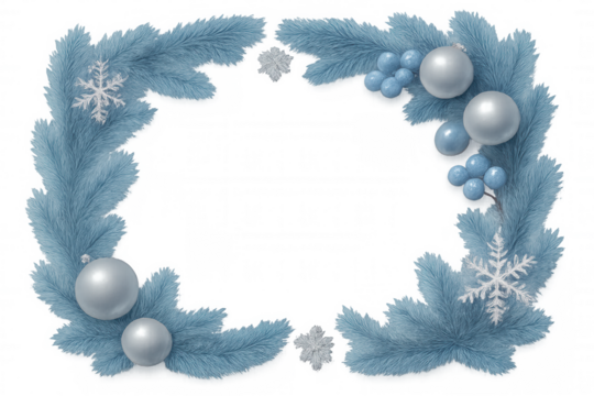 Blue fir branches forming a festive christmas frame, decorated with silver baubles and sparkling snowflakes on a transparent background