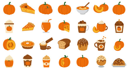 Assortment of pumpkin-themed food, drinks, and decor. Features pies, lattes, bread, and gourds, ideal for autumn, fall, and seasonal design projects