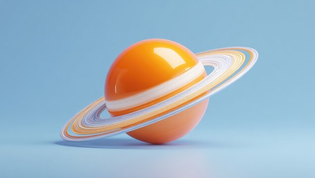 Glossy orange planet with rings on a light blue background