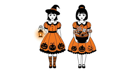 Halloween Costume of Girls: Two young girls dressed in festive costumes, one holding a lantern and the other a bowl filled with treats, bring the spirit of Halloween to life with charm and delight.