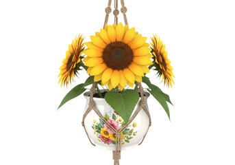 Hanging macrame planter filled with vibrant sunflowers and green leaves isolated on transparent background