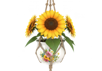 Hanging macrame planter filled with vibrant sunflowers and green leaves isolated on transparent background