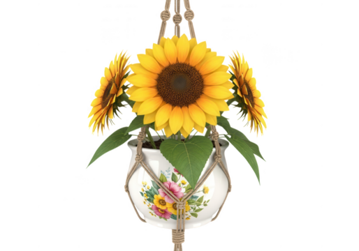 Hanging macrame planter filled with vibrant sunflowers and green leaves isolated on transparent background