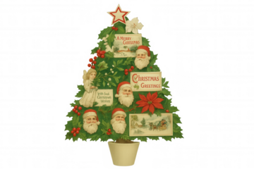 Vintage christmas tree decorated with santa claus faces, angel, poinsettia, text cards, holiday star, transparent background