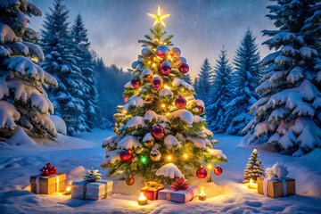 Enchanting Snowy Forest Christmas Tree Decorated with Lights and Gifts at Dusk winter night isolated on a transparent background
