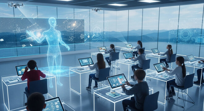 Futuristic classroom with holographic teacher and students using advanced technology for interactive learning. - Powered by Adobe