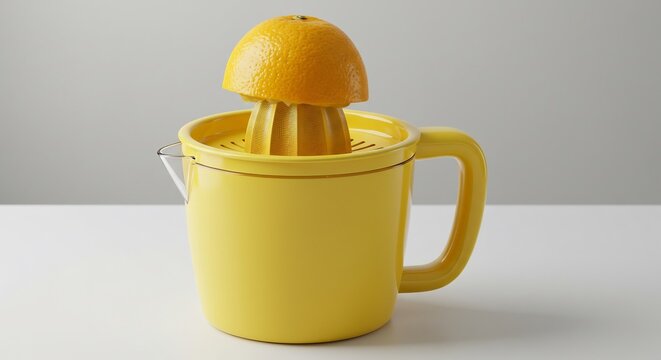 Amarillo vibrante exprimidor de c&iacute;tricos con naranja cortada. La luz suave realza su est&eacute;tica fresca y natural.