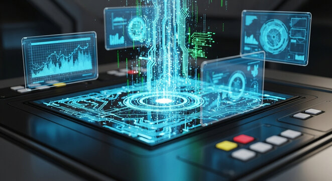 Futuristic holographic interface displaying complex data streams and charts on a high-tech console. - Powered by Adobe