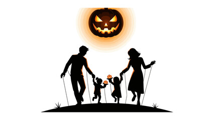 Halloween Silhouette: A family celebrates the festive spirit of Halloween under a carved pumpkin lantern. 