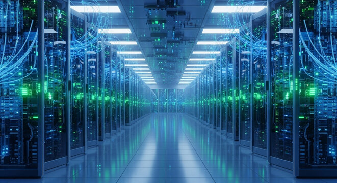 A futuristic, brightly lit server room with rows of glowing blue and green computer racks stretching into the distance. - Powered by Adobe