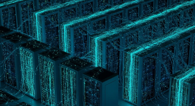 Abstract visualization of a complex neural network with glowing blue connections and nodes, representing data flow and artificial intelligence.