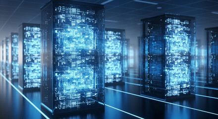 Rows of glowing blue server racks in a modern data center, representing advanced technology and digital infrastructure.
