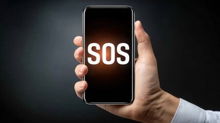 A person's hand holds a smartphone vertically, displaying a prominent "SOS" message in glowing white letters on its dark screen, signaling an urgent call for help or distress.