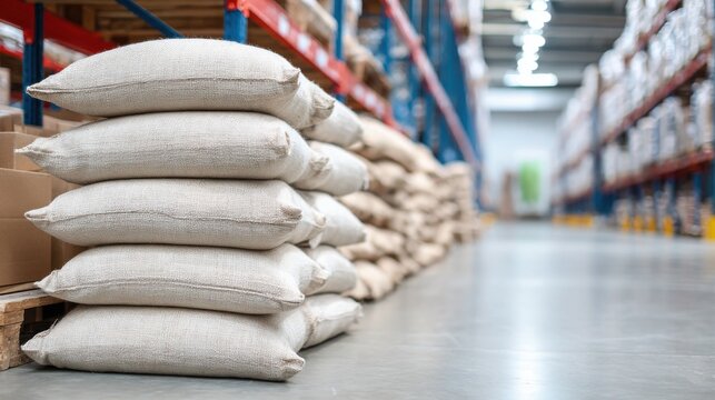 A stack of light-colored burlap sacks on a wooden pallet in a large industrial warehouse, with blurry shelves in the background.