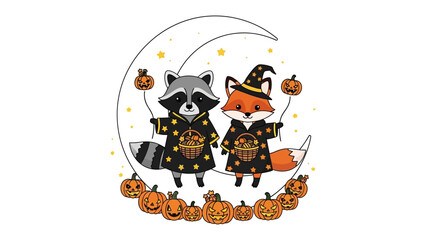 Mystical Halloween Moonlit Gathering: An enchanting Halloween illustration featuring a charming raccoon and fox, dressed in festive attire and perched upon a crescent moon.