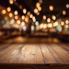 utensil. A wooden table with subtle grain texture and abstract bokeh lights, creating a warm and inviting restaurant ambiance. menu design.