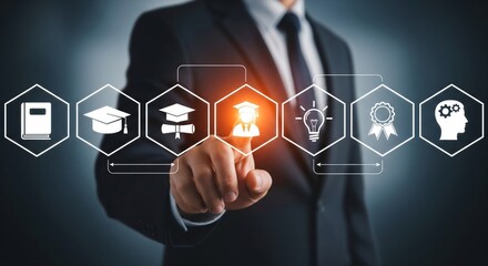 Business education and training concept with glowing hexagon icons for skills, graduation, and innovation, corporate learning strategy