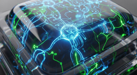 Abstract visualization of a glowing neural network with interconnected nodes and pathways, representing artificial intelligence and complex data processing.