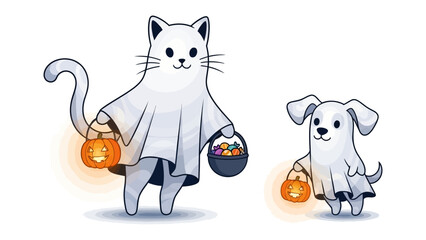 Halloween Ghostly Pals: A whimsical illustration featuring a cheerful cat and a playful dog, both dressed in charming ghost costumes, ready to collect treats in their jack-o'-lantern baskets.