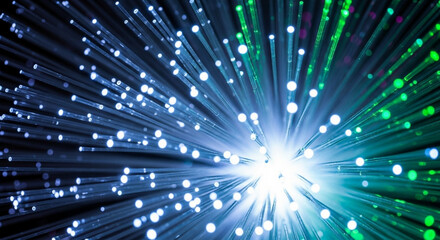 Fototapeta premium Abstract image of glowing fiber optic strands radiating outwards, creating a vibrant burst of light and color.