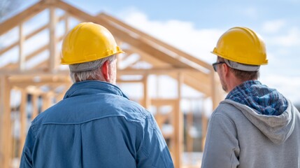 Two Construction Workers in Hard Hats Overseeing a Wooden Structure. house building, lumber construction, eco housing, real estate development, eco construction, timber engineering concept