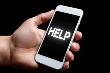 A close-up shot of a hand holding a white smartphone displaying the urgent word 'HELP' on its dark screen, set against a black background.