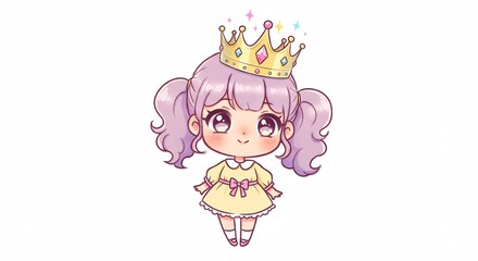 Adorable niña princesa chibi con cabello morado y corona dorada brillando dulcemente un estilo kawaii vibrante