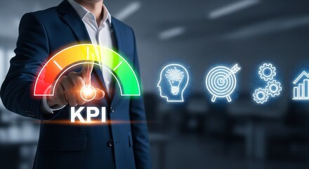 Business KPI gauge dashboard with AI, light bulb, target, gears, and bar chart icons — performance measurement concept