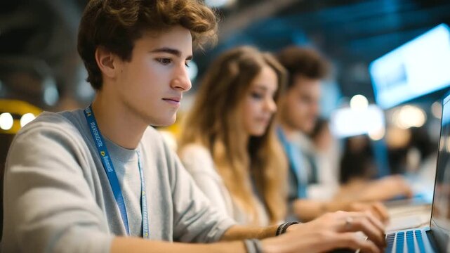 group of MBA students at hackathon creating business plan soft keyboard clicks faint buzzing of neon lights creative urgency three quarter wide angle cinematic color correction