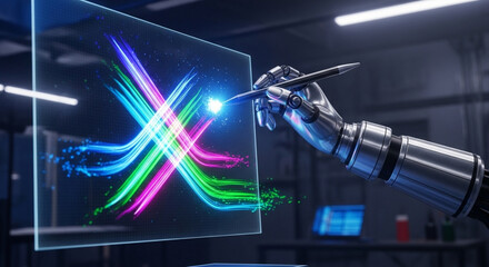 A robotic hand with a stylus drawing colorful abstract lines on a futuristic digital screen in a modern laboratory setting.