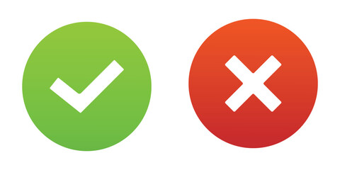 Tick and cross icons. Check mark and x button in green and red color. Transparent vector and PNG