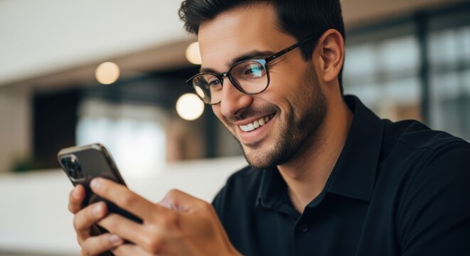 Smiling man in glasses using smartphone in a casual setting close up shot