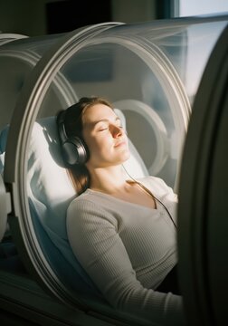 Woman relaxing in hyperbaric oxygen therapy chamber with headphones.