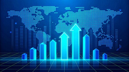 Digital glowing bar chart with rising arrows and world map background symbolizing global business growth, stock market success, finance analytics and economic progress 
