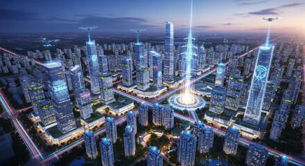 Futuristic cityscape with illuminated skyscrapers and drones flying in the twilight sky, representing advanced urban development and technology.