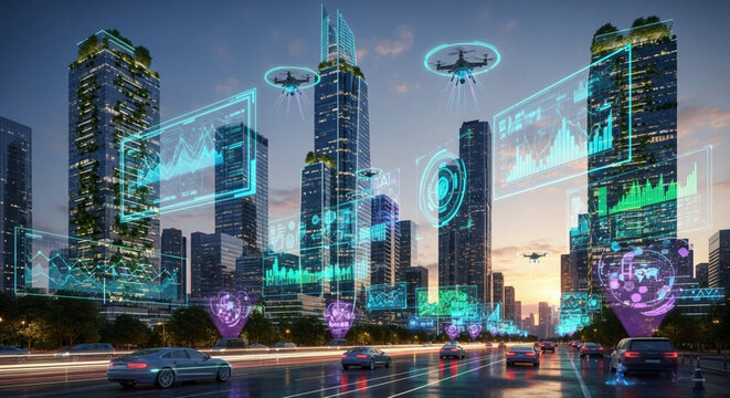 Futuristic cityscape with autonomous vehicles, drones, and holographic data displays, representing smart city technology.