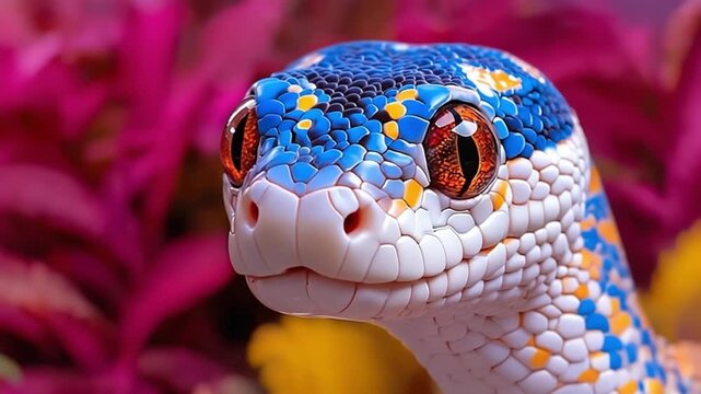 Close up of a blue and white snake with orange eyes and pink flowers in the background image view