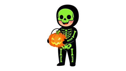 Halloween Fun: A cheerful character in a skeleton costume and pumpkin bucket is set against a clean background. This cheerful character captures the spooky joy of Halloween.