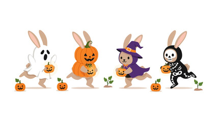 Halloween Bunny Parade: A whimsical Halloween parade featuring four adorable bunnies in creative costumes, each holding a pumpkin, ready for trick-or-treating!