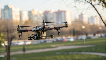 Drone Flying Over Urban Park with Cityscape Background